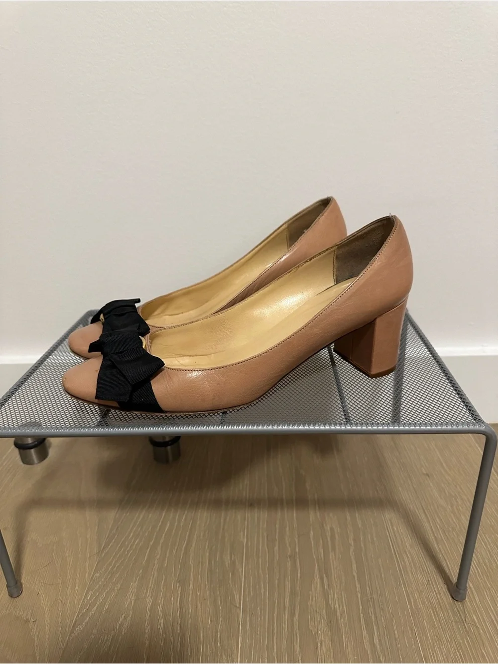 kate spade Blush Leather Block Heel Pumps with Black Bow